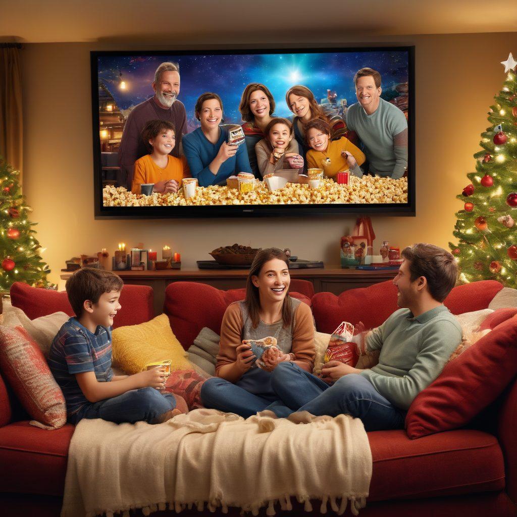 A cozy family living room scene with parents and kids joyfully watching a colorful variety of family movies on a large screen. The room is filled with popcorn, blankets, and cheerful decorations, showcasing movie posters on the walls. Soft, warm lighting creates an inviting atmosphere. Include a digital device displaying popular family film icons, emphasizing online streaming. vibrant colors. super-realistic.