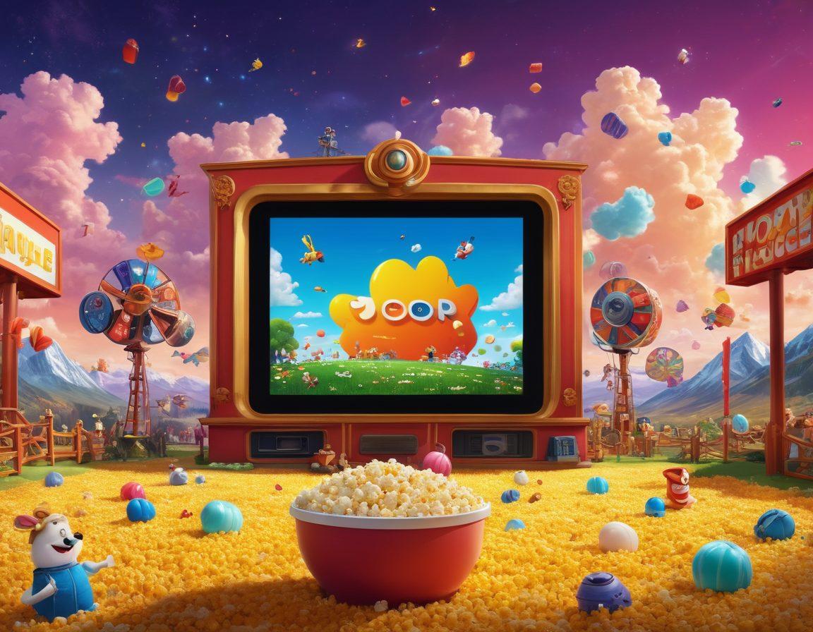 A whimsical landscape where colorful cartoon characters emerge from a giant projector, laughing and playing, surrounded by oversized popcorn and film reels. Bright, cheerful colors dominate the scene, creating a joyous atmosphere suitable for kids and families. In the background, a sunny sky and fluffy clouds enhance the happy vibe, inviting viewers to dive into fun cinema moments. vector art. vibrant colors. playful style.