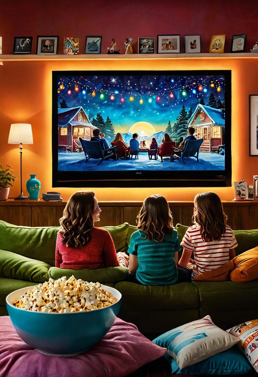 A vibrant, whimsical scene depicting a cozy family watching a classic feel-good film together on a large screen, surrounded by an array of colorful movie posters featuring iconic feel-good films. Include a large bowl of popcorn and twinkling fairy lights overhead, radiating warmth and joy. The atmosphere should feel inviting and heartwarming, capturing the essence of family bonding through cinema. super-realistic. vibrant colors. cozy ambiance.